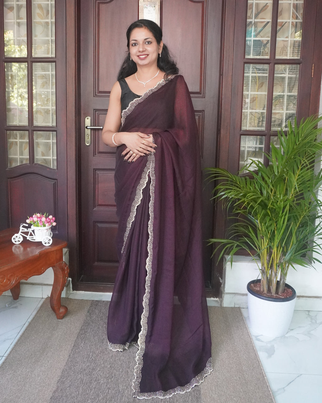 Crushed Georgette Saree With Stones on the Border -0018