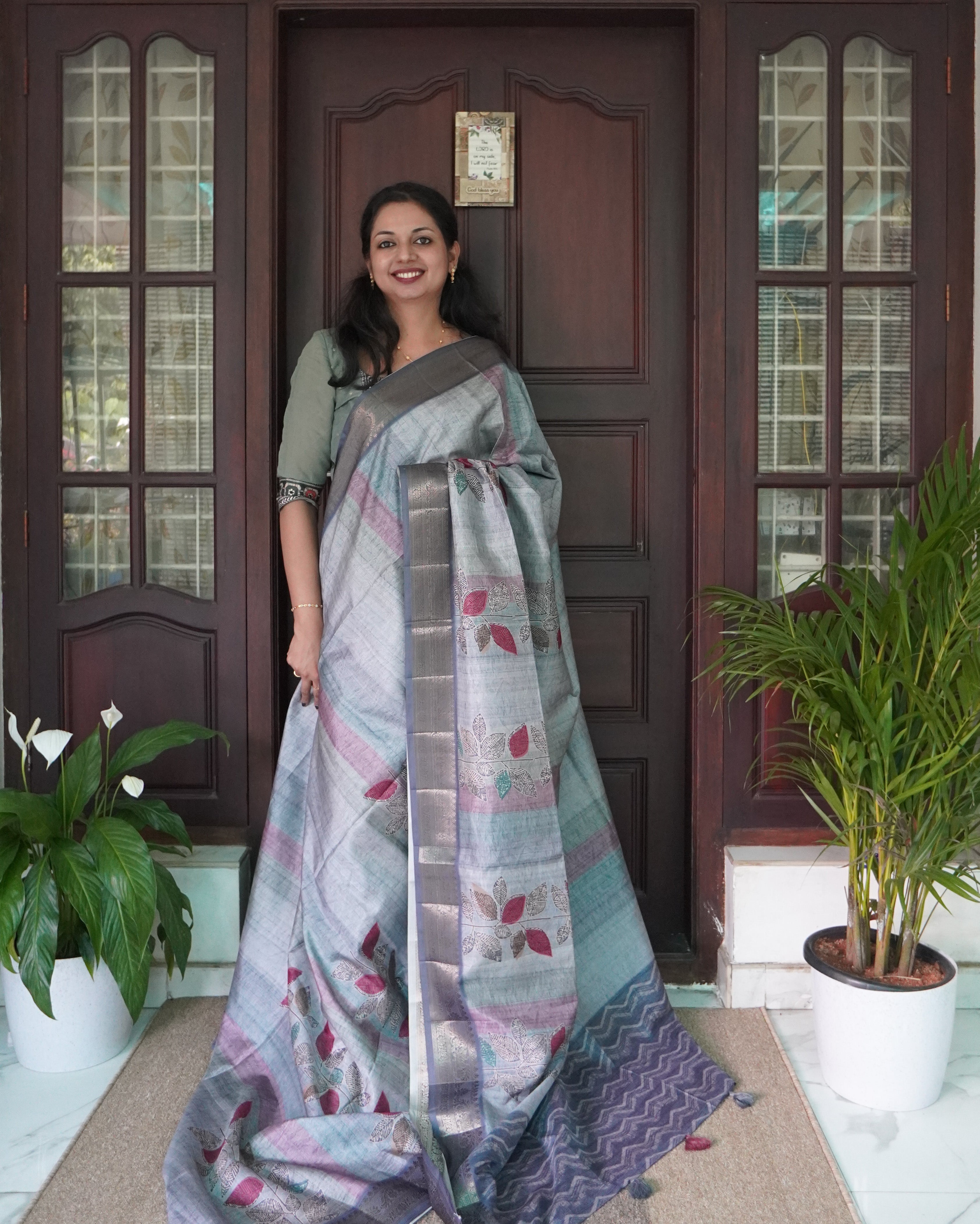 Semi Tussar Saree with Leaf Print- 0007