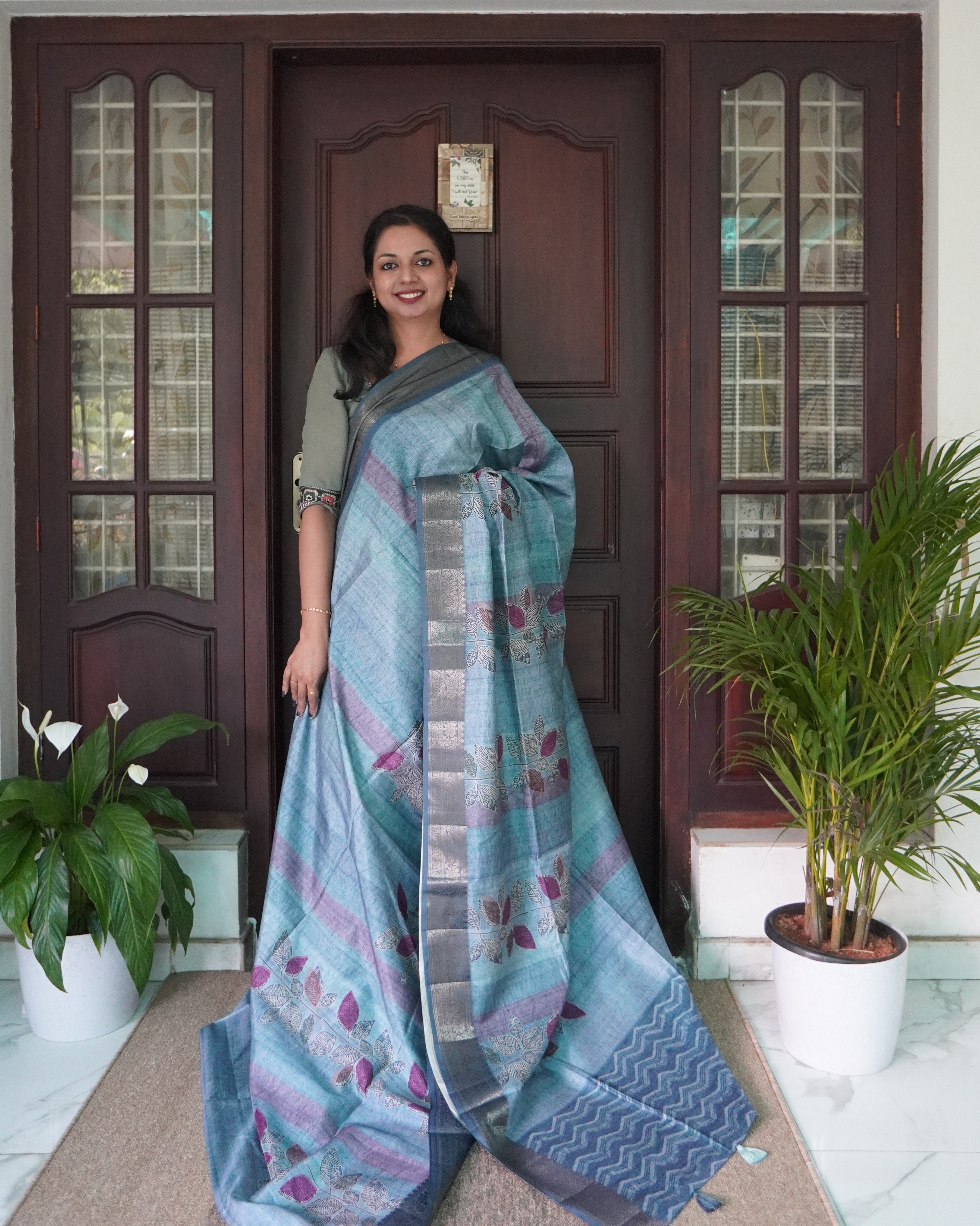 Semi Tussar Saree with Leaf Print- 0007