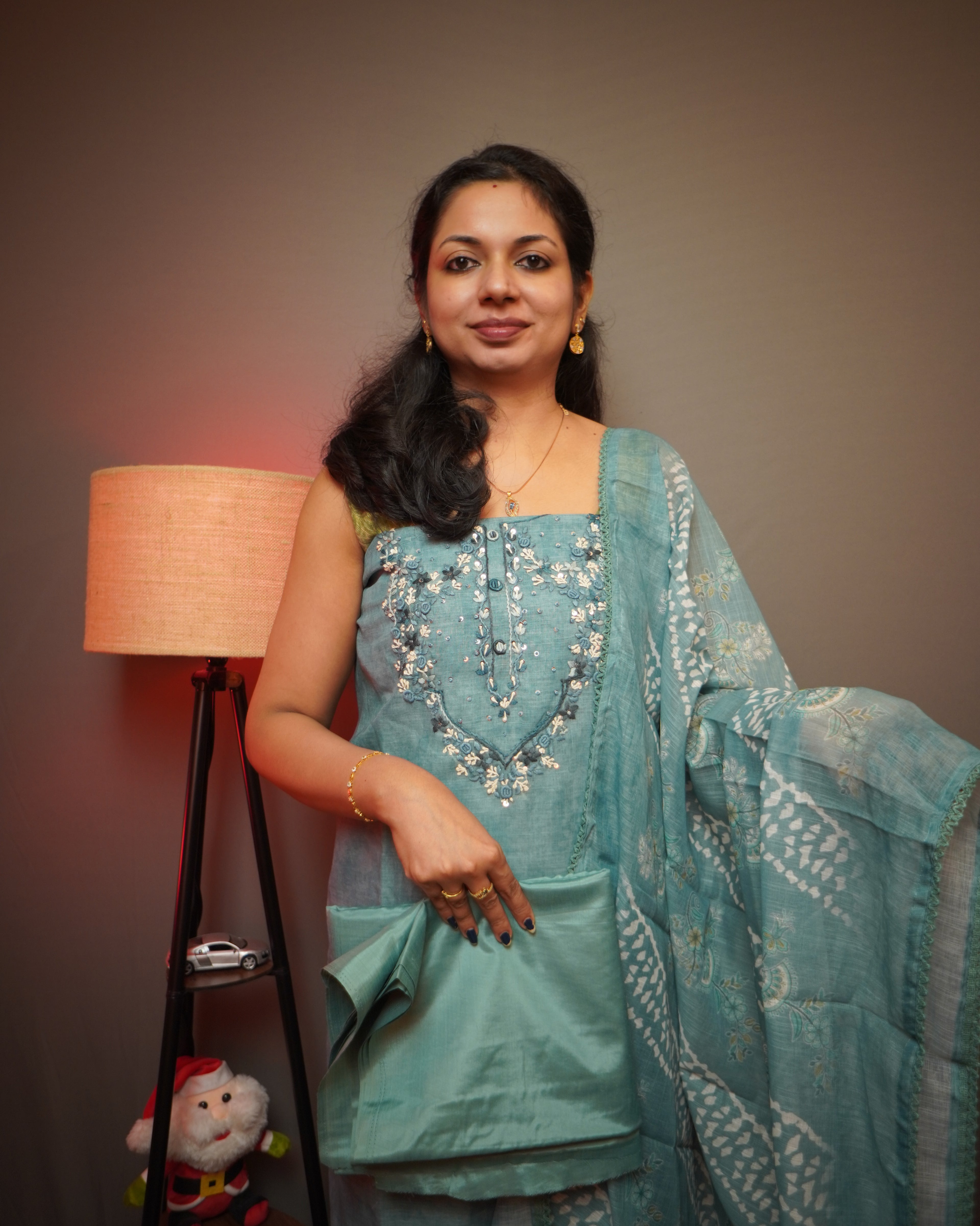 Chanderi Unstitched Salwar Set with French knot Embroidery work-0044