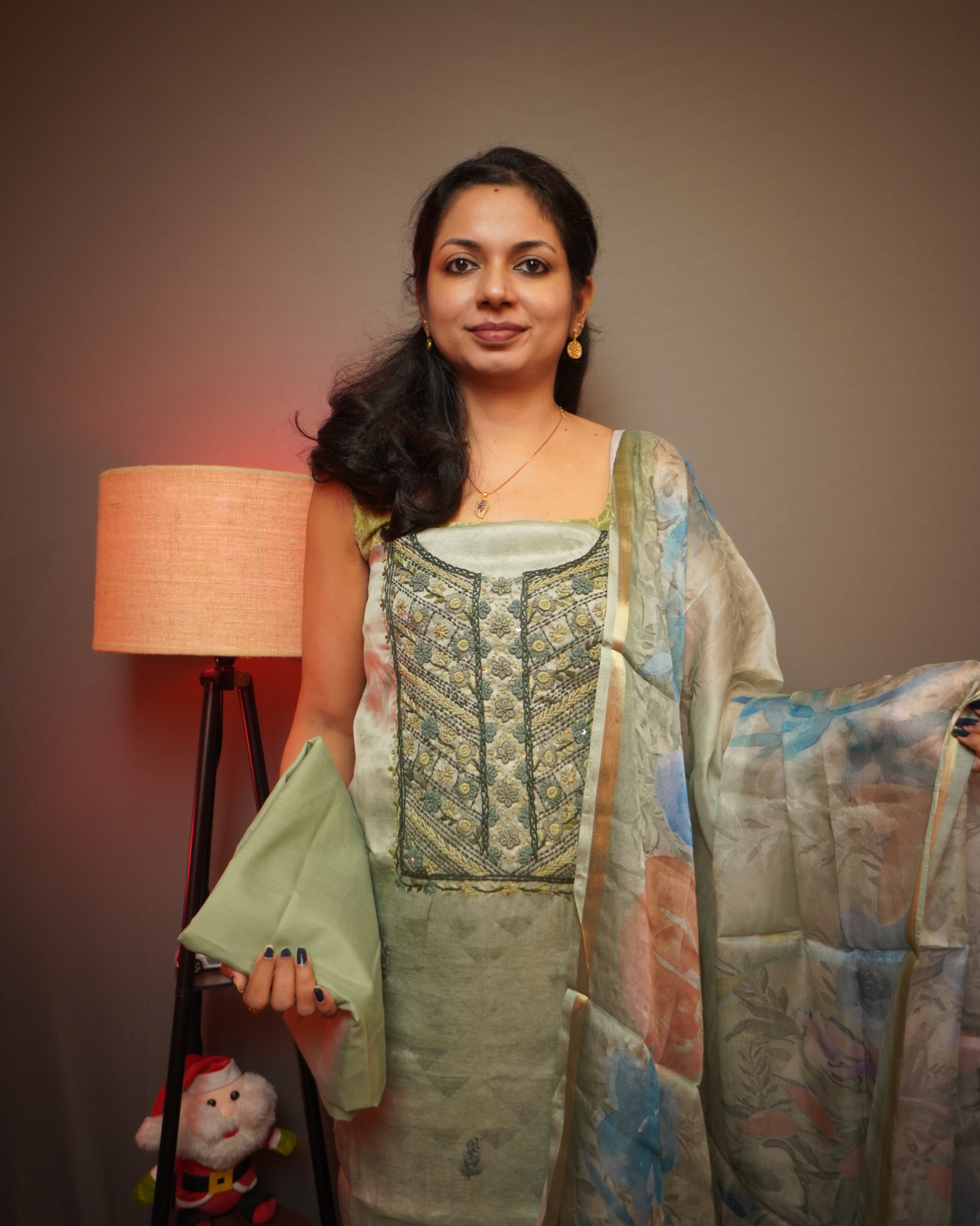 Soft Organza Unstitched Salwar Set with French Knot Embroidery work and PrintType-1)-0045