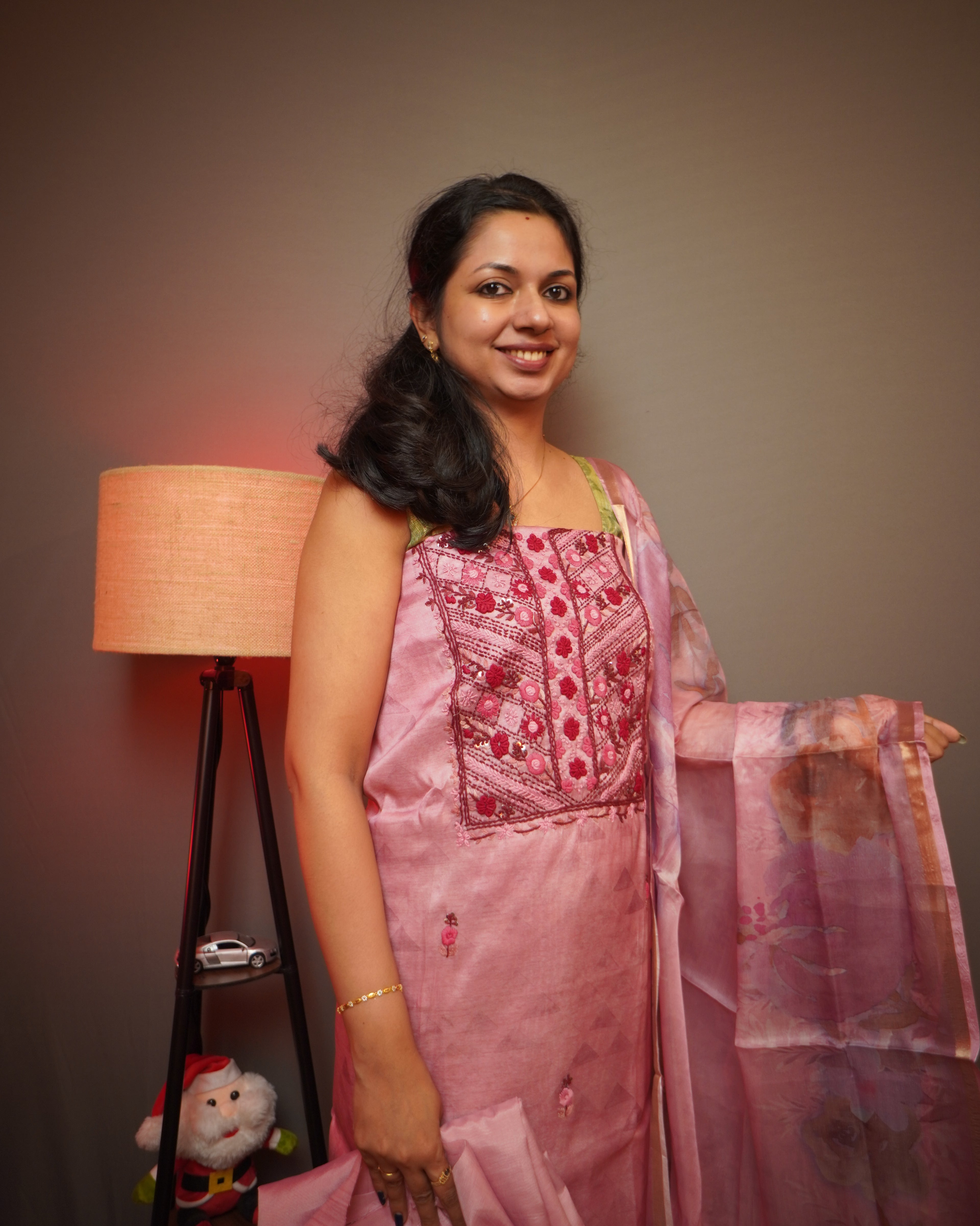 Soft Organza Unstitched Salwar Set with French Knot Embroidery work and PrintType-1)-0045