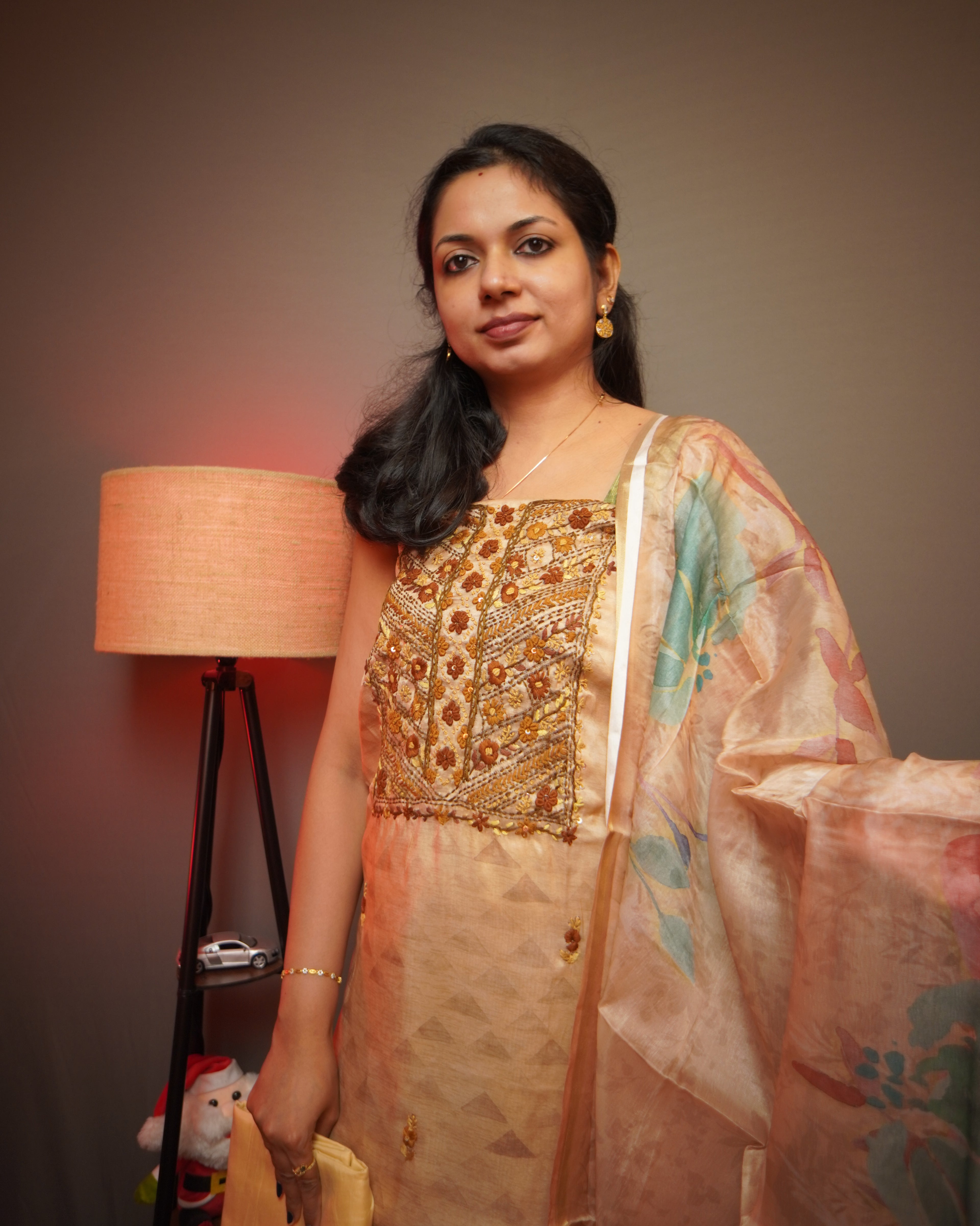 Soft Organza Unstitched Salwar Set with French Knot Embroidery work and PrintType-1)-0045