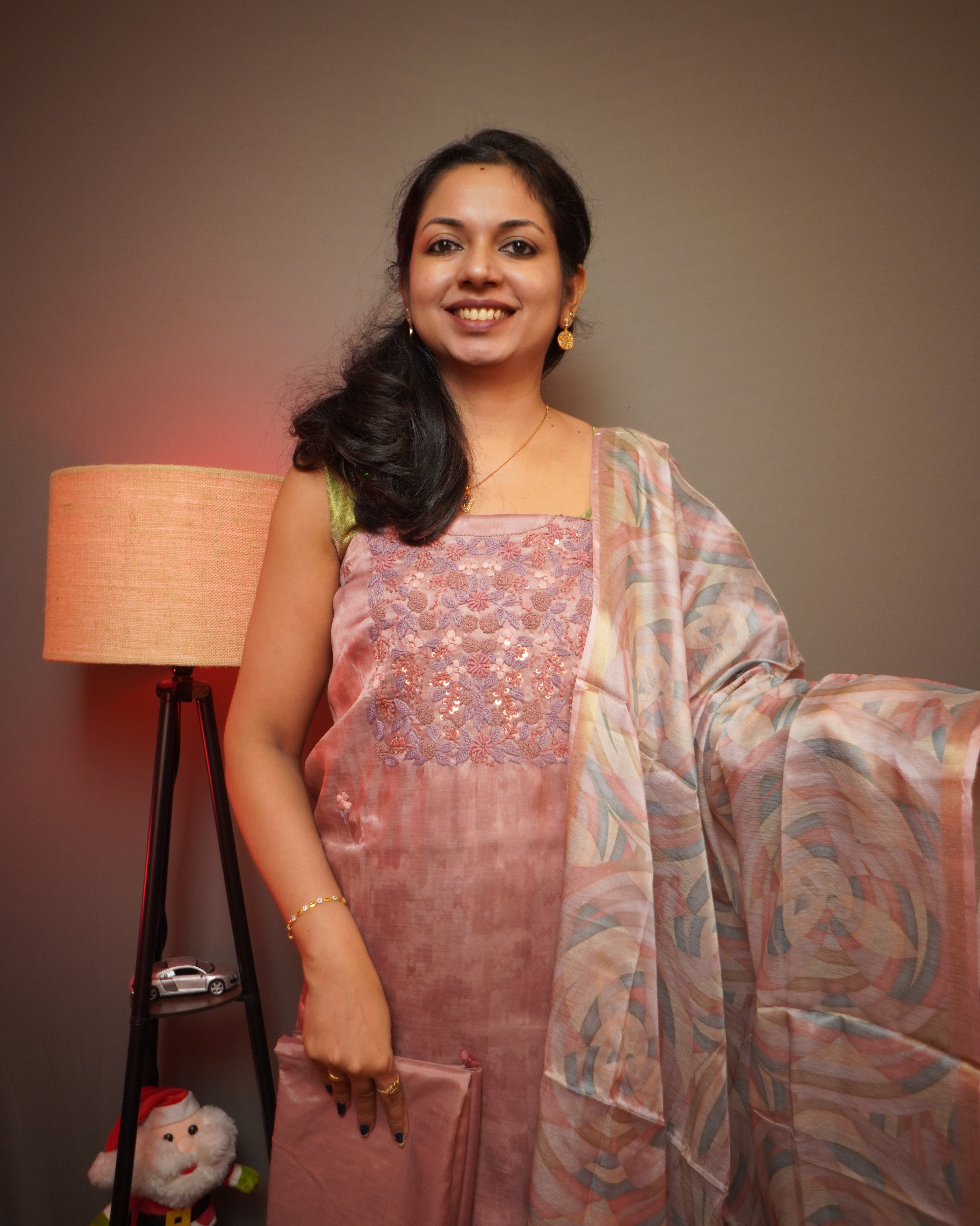 Soft Organza Unstitched Salwar Set with French Knot Embroidery work and PrintType-II)-0046