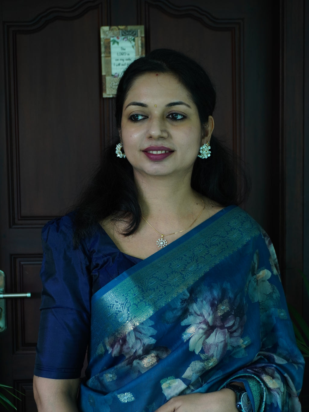 Semi Linen Saree with Floral Print-0050-1