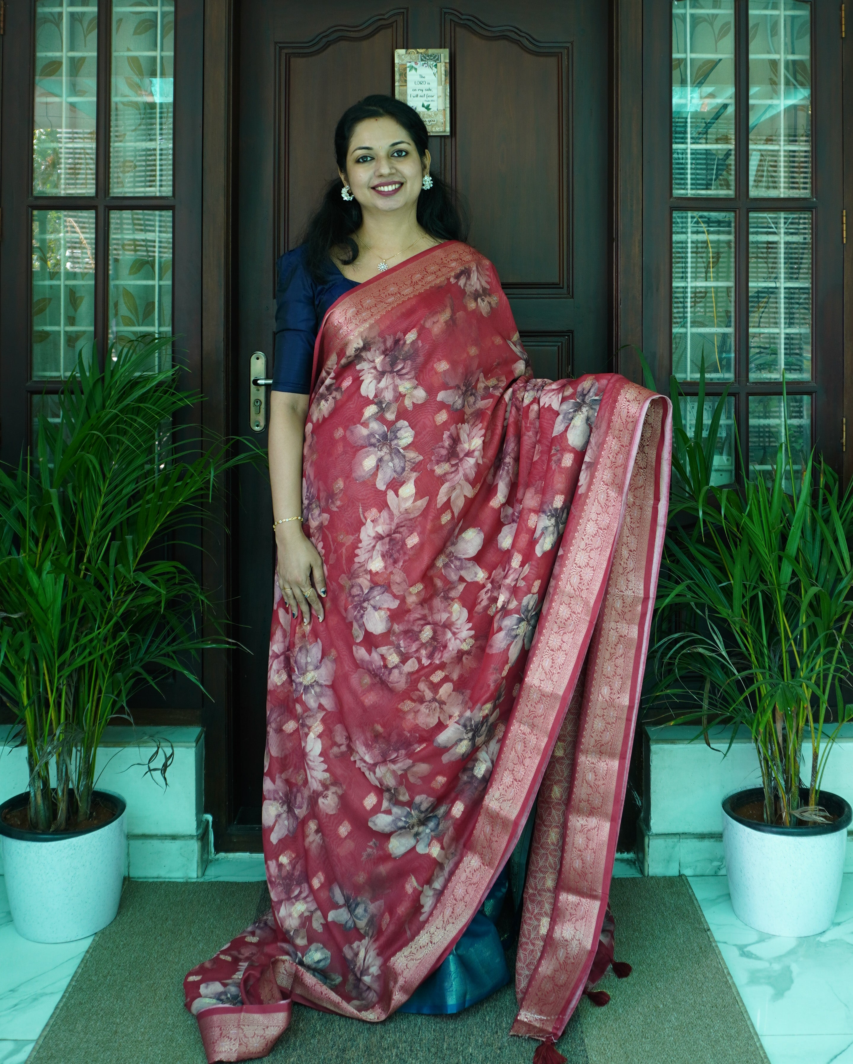 Semi Linen Saree with Floral Print-0050-2