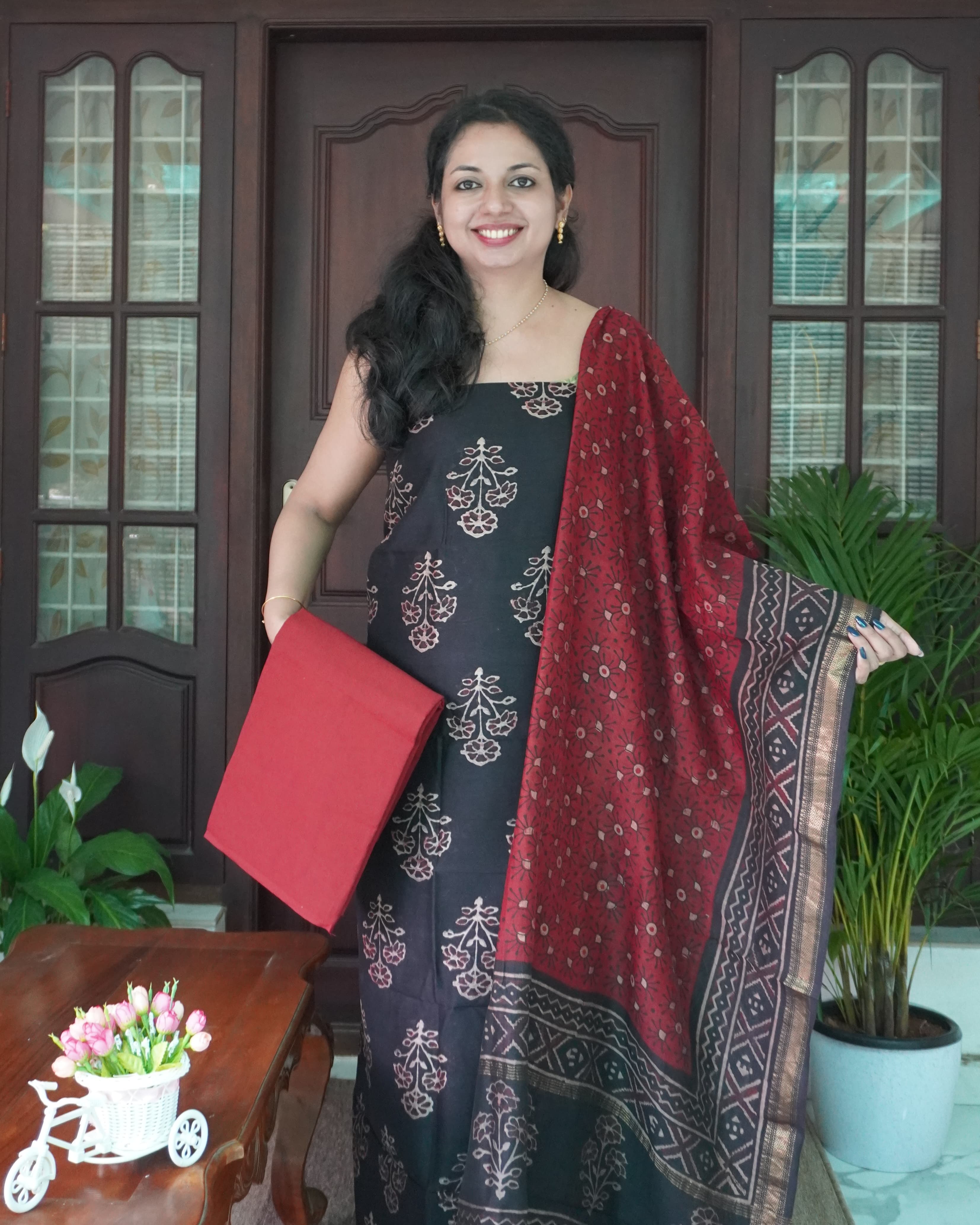 Maheshwari Ajrakh Printed Unstitched Salwar Set- 0025