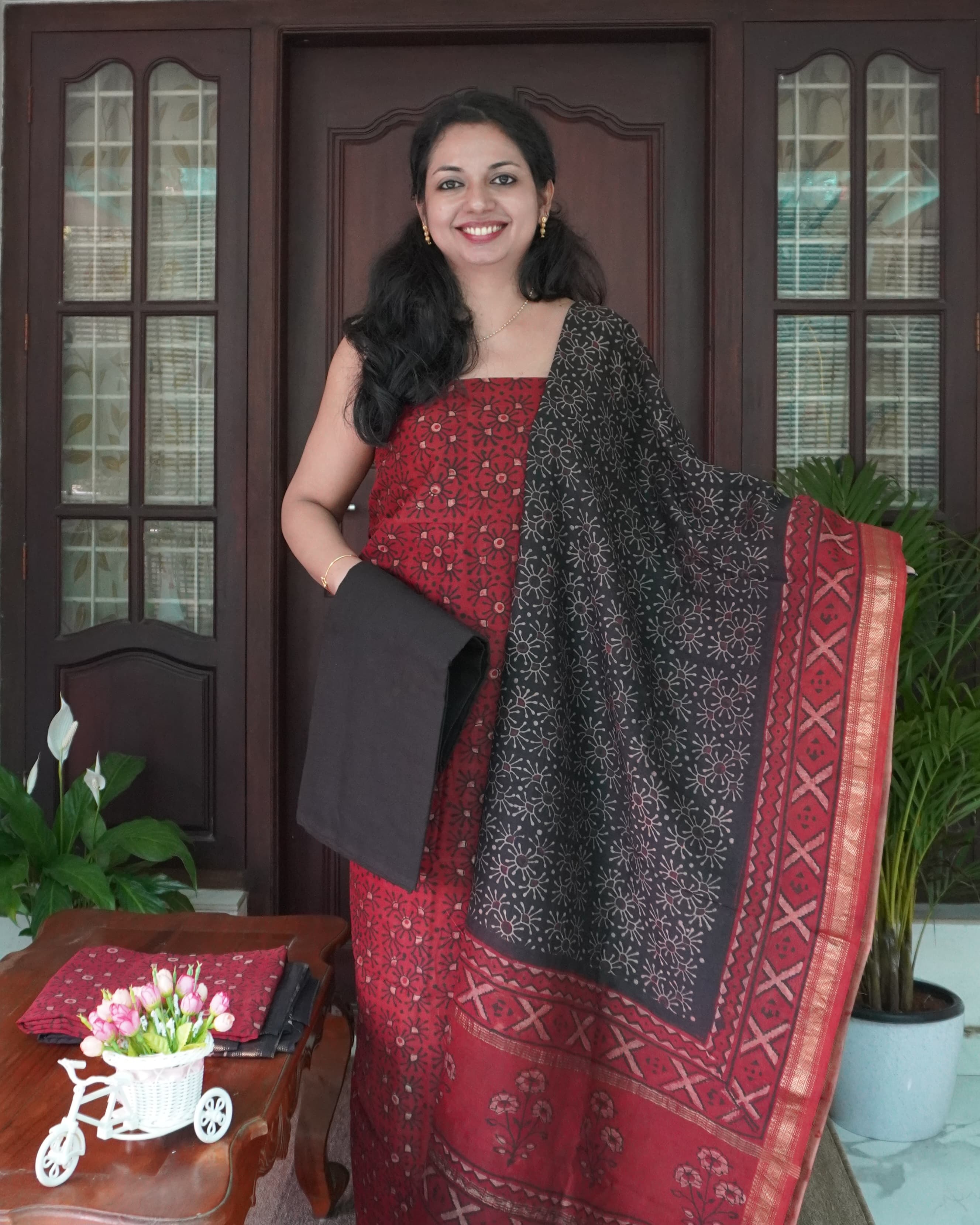 Maheshwari Ajrakh Printed Unstitched Salwar Set- 0025